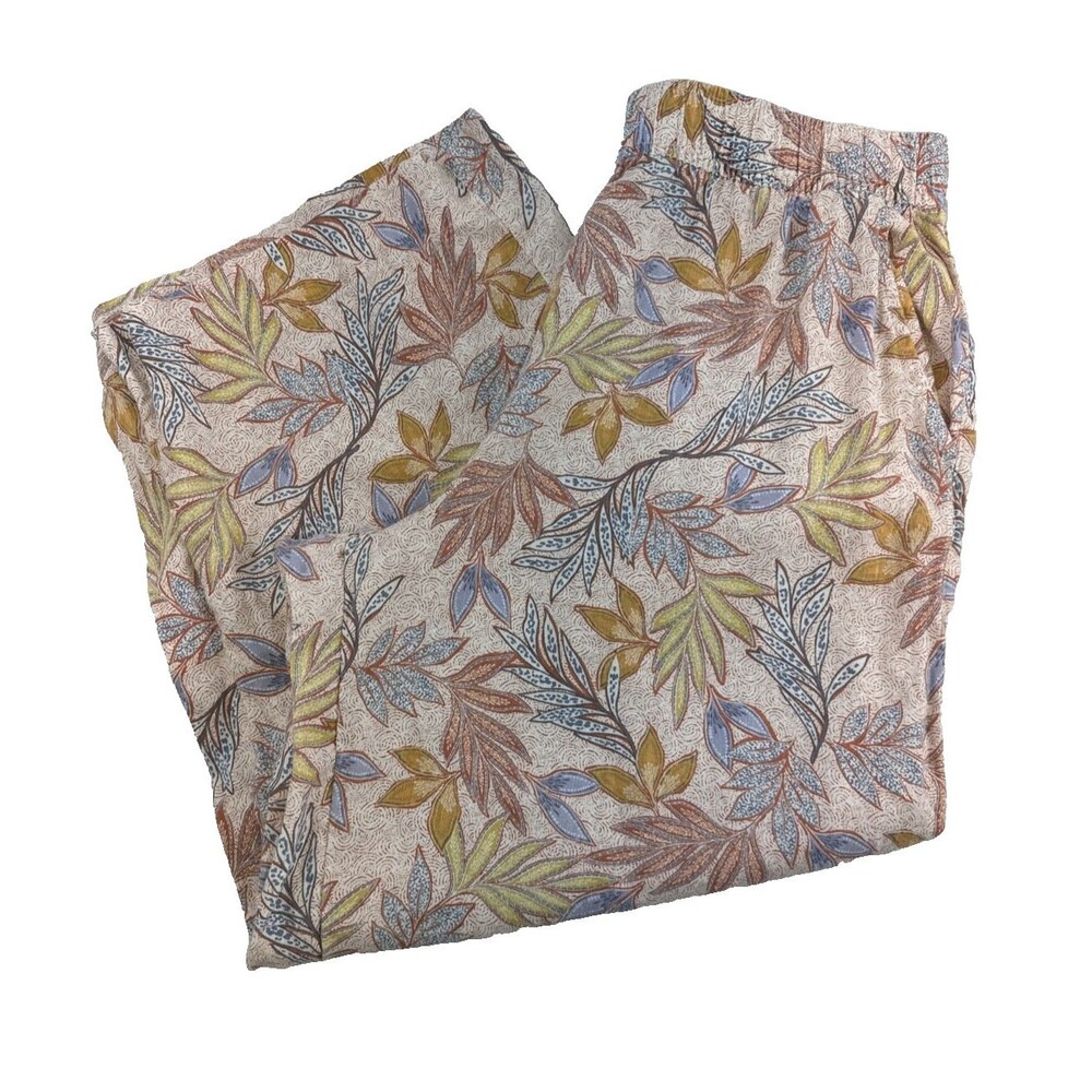 Nicole Miller Linen Pants Pink Floral Wide Leg Crop Coastal Beach Womens Large